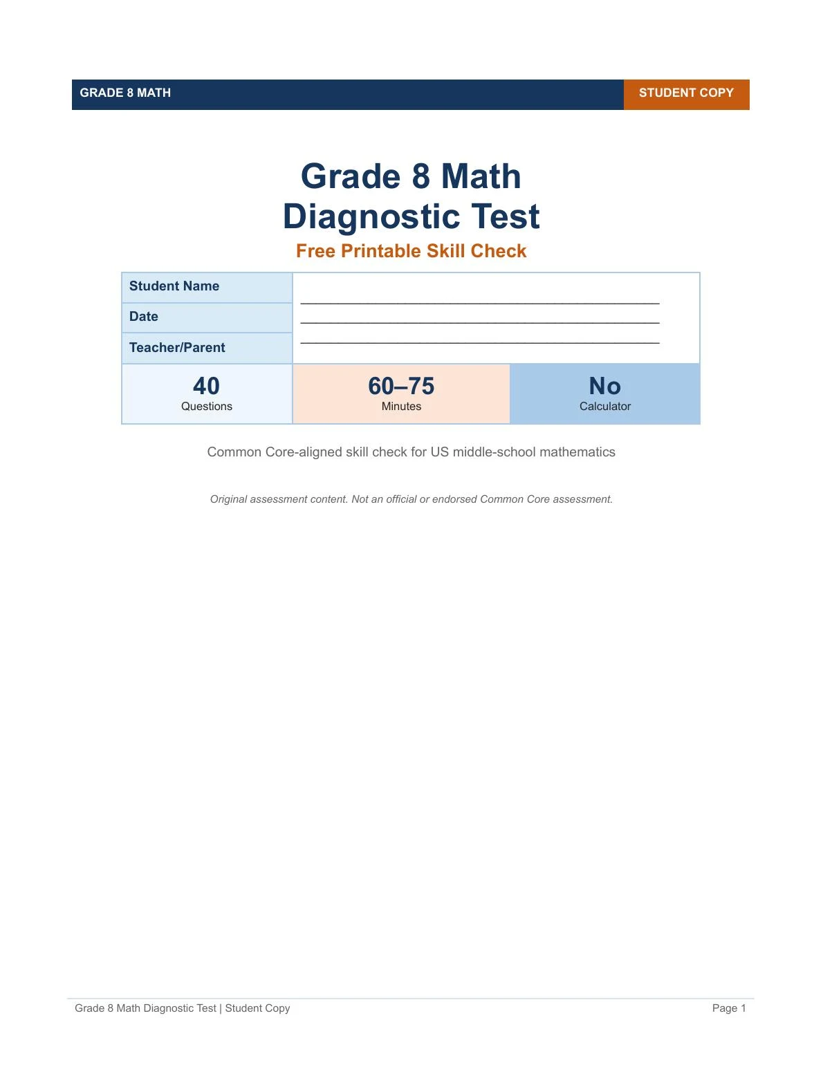 Grade 8 Math Diagnostic Test cover