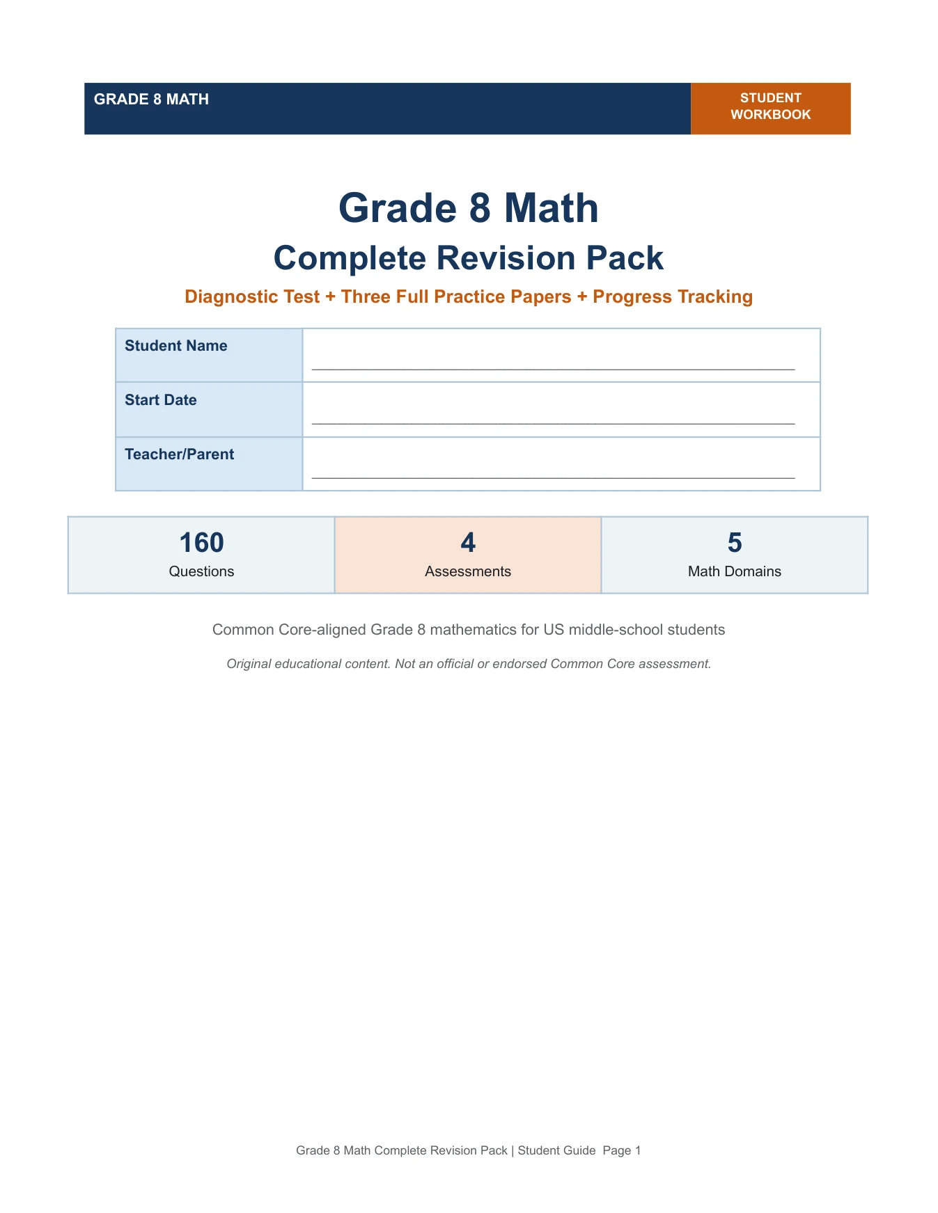 Grade 8 Math Complete Revision Pack student workbook cover